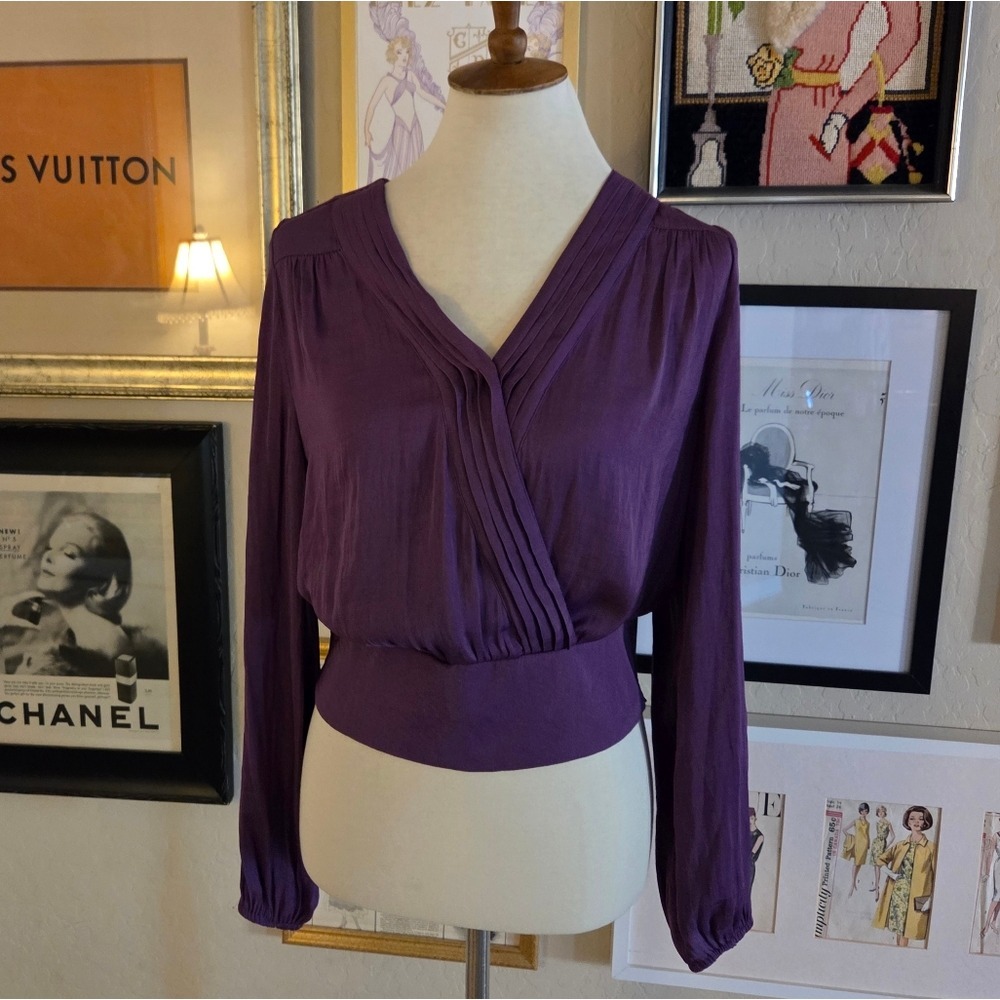 Rachel Rachel Roy Purple Pleated‎ Surplice V-Neck Smocked Waist Blouse NEW - Picture 3 of 6